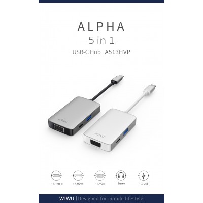 Адаптер WIWU A513HVP USB-C with 4K HDMI, USB 3.0 Ports, PD Charging, 3.5mm Audio and VGA Gray  Перехідники
   1 