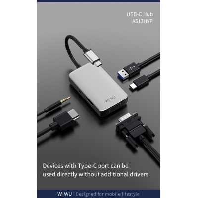 Адаптер WIWU A513HVP USB-C with 4K HDMI, USB 3.0 Ports, PD Charging, 3.5mm Audio and VGA Gray  Перехідники
   2 