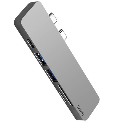 Адаптер WIWU T8 Lite USB-C Hub with 2 x USB 3.0, Micro SD Slot, SD Card Slot та Type-C Port Gray  Перехідники
