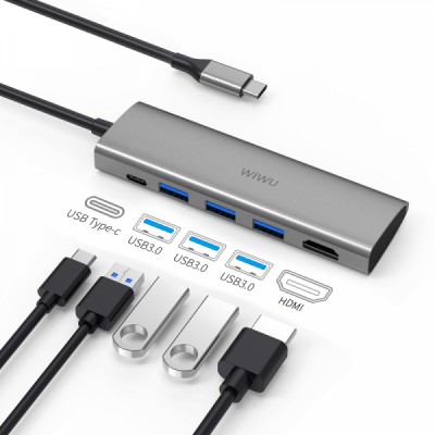 Адаптер WiWU Alpha A531H USB-C Hub 1xHDMI/1xType-C/3xUSB3.0 Gray  Перехідники
   1 
