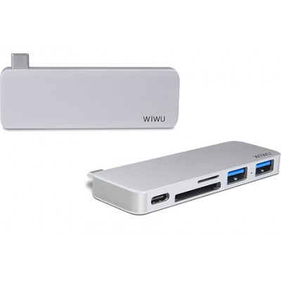 Адаптер WIWU T6 USB-C Hub with 2 x USB 3.0, Micro SD Slot, SD Card Slot та Type-C Port Silver  Перехідники
   1 