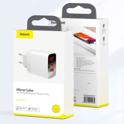 Адаптер Baseus Mirror Lake Dual QC Digital Display Quick Charger A+A White  Кабелі, адаптери
   1 