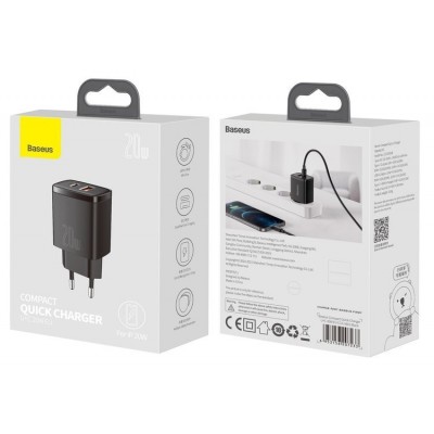 Адаптер Baseus Compact Quick Charger U+C 20W EU Black  Кабелі, адаптери
   2 