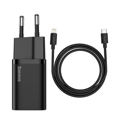 Адаптер Baseus Super Si Quick Charger 20W (With Simple Wisdom Data Cable Type-C to iP 1m) Black  Кабелі, адаптери
