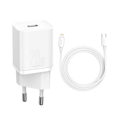 Адаптер Baseus Super Si Quick Charger 20W (With Simple Wisdom Data Cable Type-C to iP 1m) White